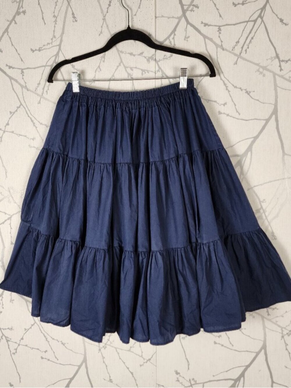 Navy Elastic Waist Pull On Tiered Knee Length Skirt